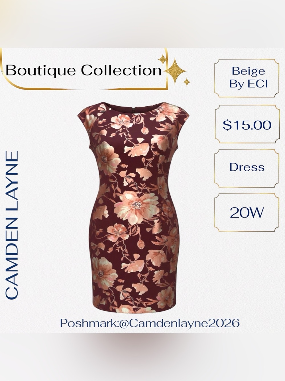 Beige by eci Burgundy Floral Midi Sheath Dress with Gold Accents - Picture 4 of 7